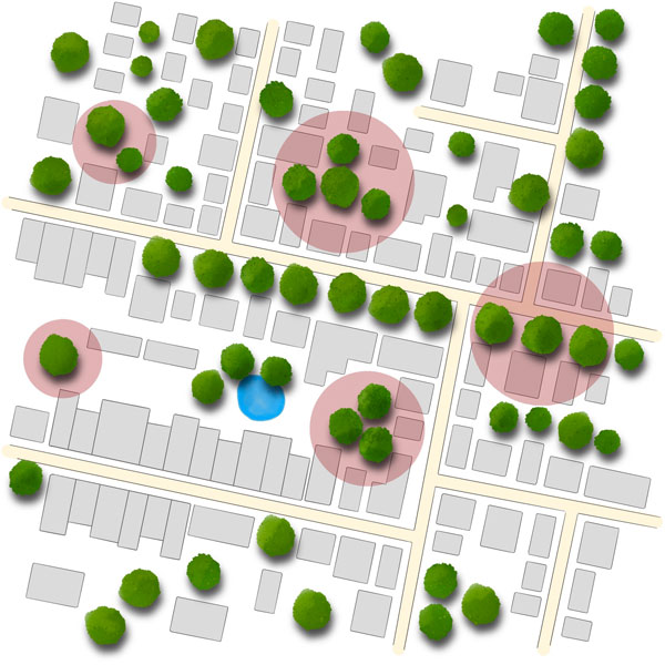 katasterkarte eines wohngebiets mit markierten baeumen